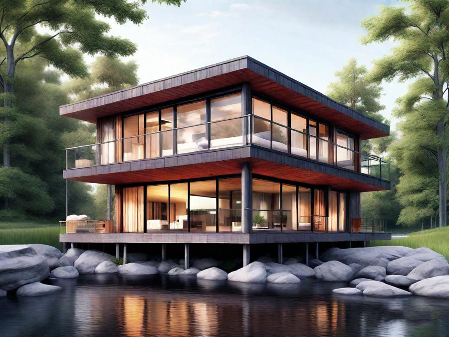 A two-story steel-wood villa built by the lakeside.